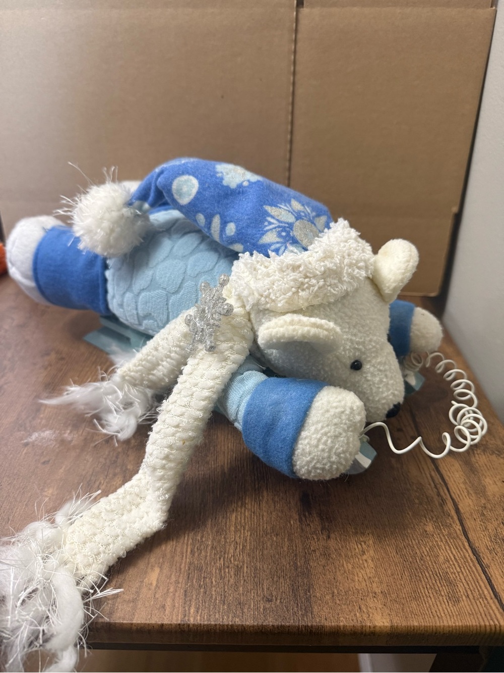 Vintage Plush Polar Bear on a Sled, Light Blue & Cream Decor